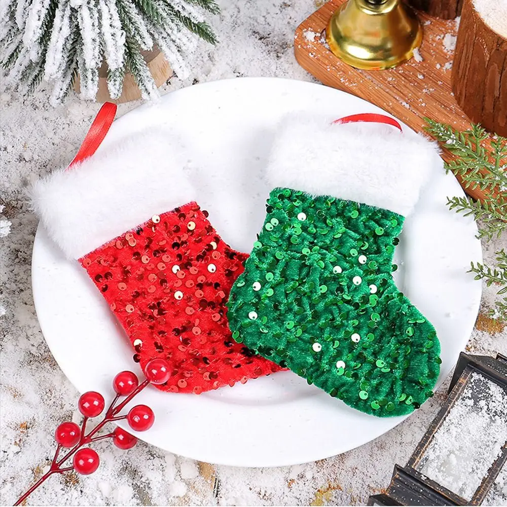 Cartoon Plush Sequins Christmas Socks Large Capacity Red Green Candy Gift Bags Festival Exquisite Christmas Tree Ornaments