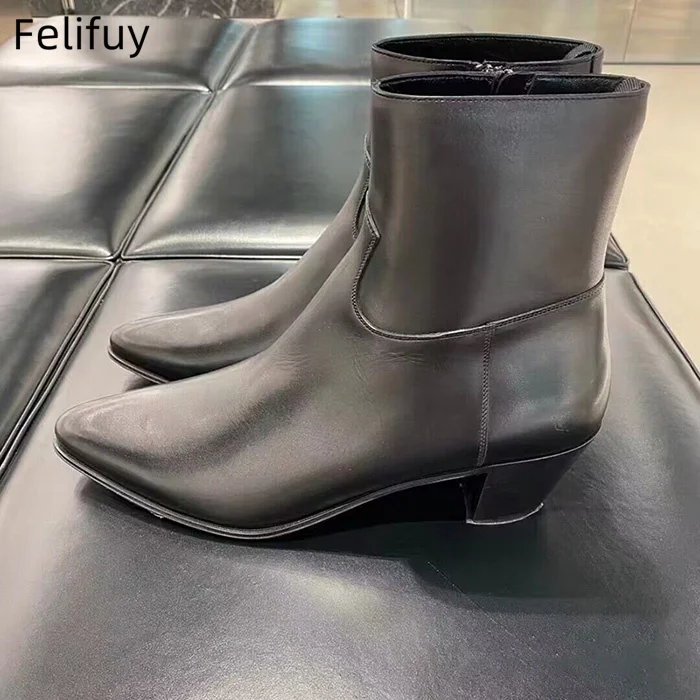 

Черные мужские ботинки челси из натуральной кожи, высокие, на молнии, с острым носком, на массивном каблуке, в мотоциклетном стиле