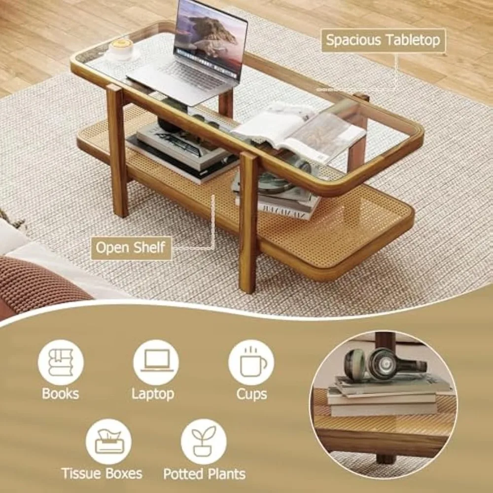 Rattan Coffee Table, 47.5" Rectangle Solid Wood Tea Table w/Tempered Glass Tabletop & PE Rattan Storage Shelf, 2-Tier Boho Coff
