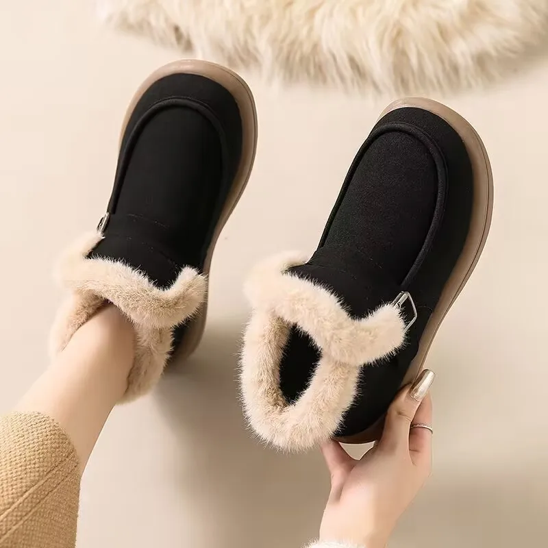 

Women's Ankle Boots 2025 Winter Plush Warm Snow Boots Fashion Belt Buckle Round Toe Flat Platform Casual Boots Cotton Shoes