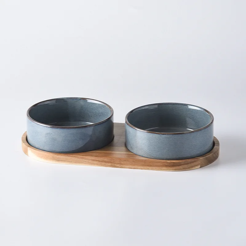 Dog Bowl Ceramic Matte Pet Bowl Cervical Spine Protector Anti Knock Over Wooden Tray Pet Feeding Supplies Cat Accessories