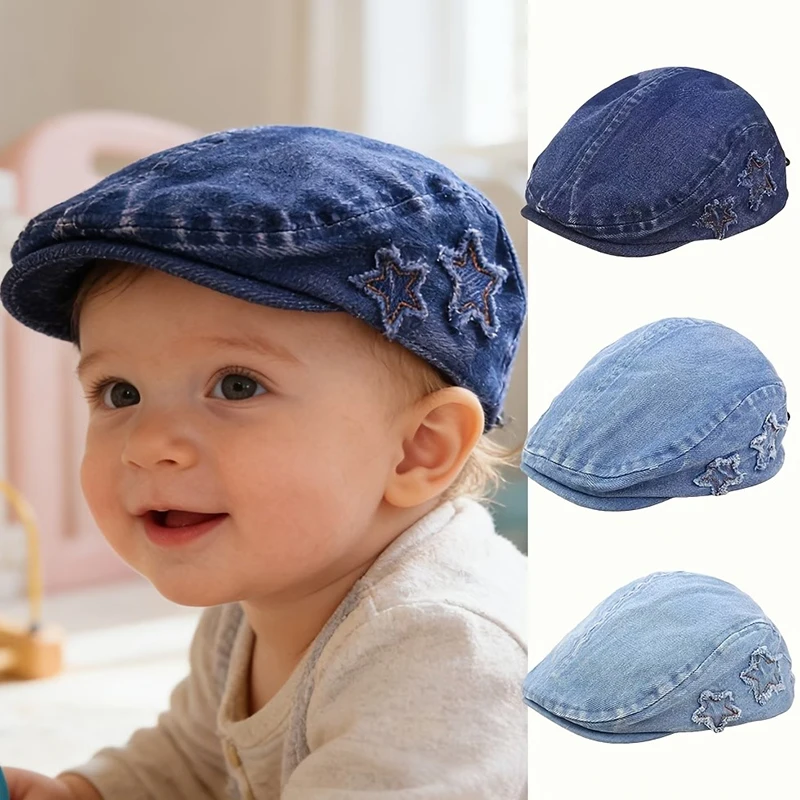 

1-3 Years Old Baby Hat Spring and Autumn Beret Hat Star Pattern Denim Baseball Cap Lightweight Sun Hat Retro Little Boy Newsboy Hat
