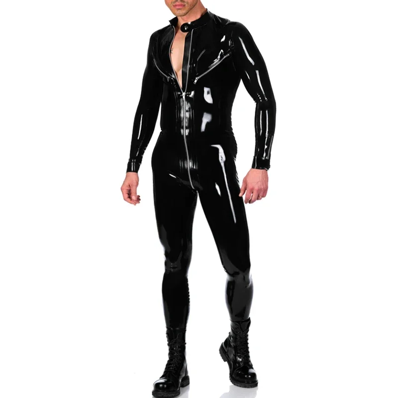 Black Sexy Latex Catsuits With Breasts Zippers Cuffs And Leg Rubber Bodysuit Zentai Overall Cat Suit