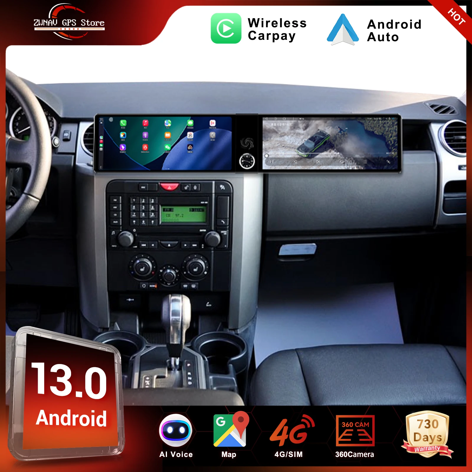 

ZWNAV Dual 12.3 Inch Carplay For Land Rover Discovery 3 2004-2009 Multimedia GPS Navi BT WIFI Touch Screen Player Car Radio