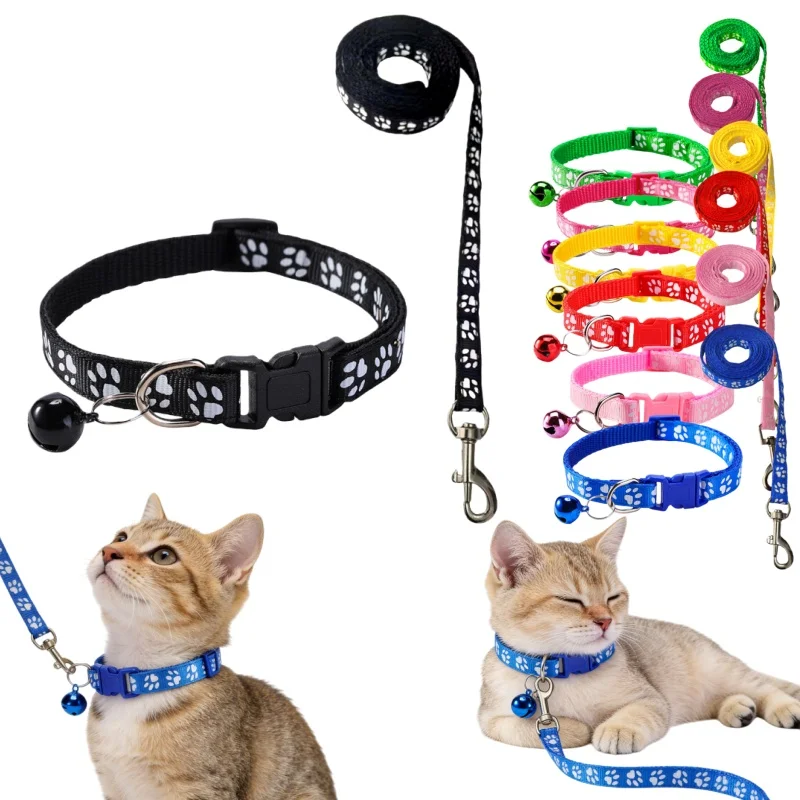 Glocken-Halsband und Leine Set Katze Cartoon Pfote Hundehalsbänder Katzenzubehör Kätzchen-Halsband Verstellbarer Glockenring Hundehalsband Welpen Katze