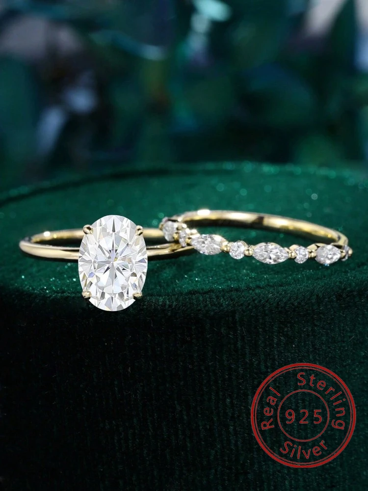 

925 Sterling Silver Fashion 2ct Oval Shape Zircon Elegant Set Ring For Women Engagement Wedding Luxury High Quality Fine Jewelry