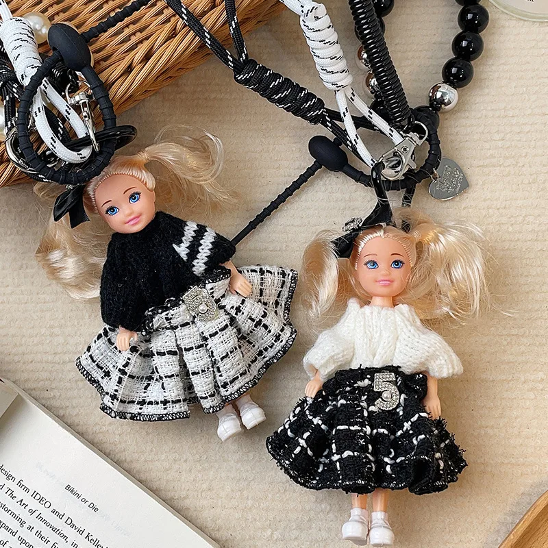 2025 Coquette Aesthetic Tweed Skirt Doll Keychain Bag Charm for Women with Black White Knit Outfit Pearl Beaded Lanyard Fashion