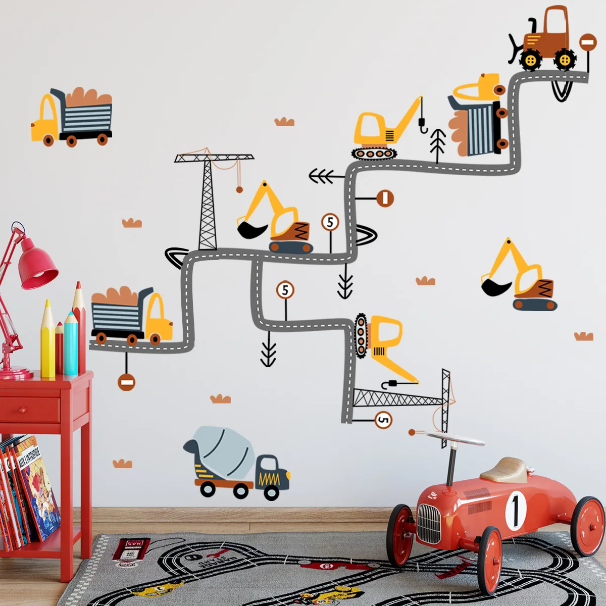 2pcs Cartoon Engineering Vehicle Excavator Road Wall Sticker Kindergarten Children's Room Bedroom Decor Pvc Mural Wall Stickers