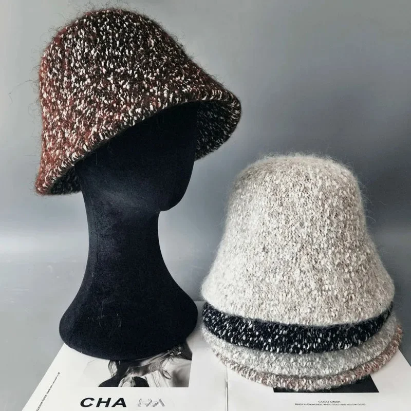 2026 Warm Fashion Knitted Bucket Hats for Women Winter Wool Vintage Elegant Mixed Color Versatile Plush Fisherman Hat  Panama