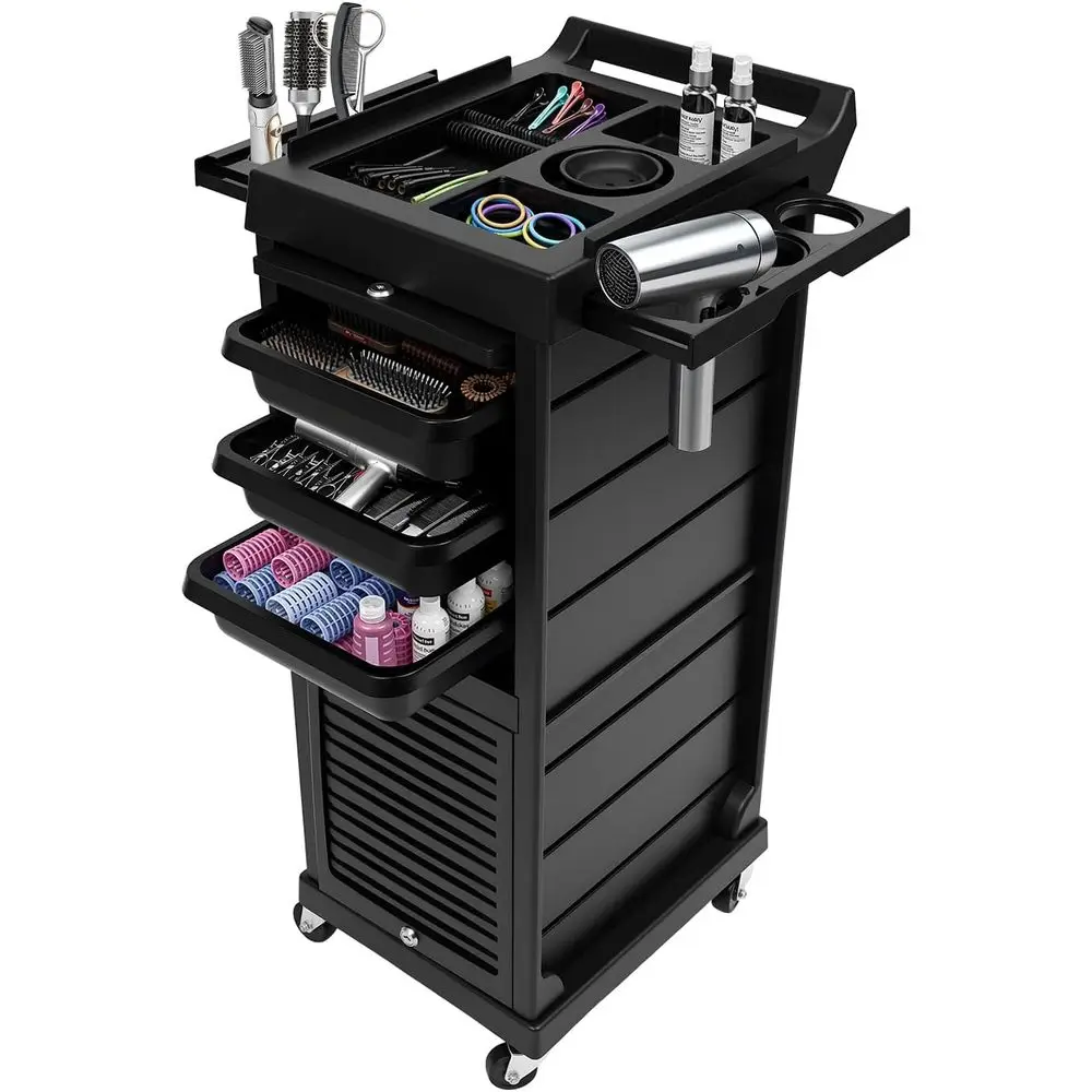 

Portable Beauty and Barber Cart with 4 Detachable Trays and Lockable Storage for Salons and Spas