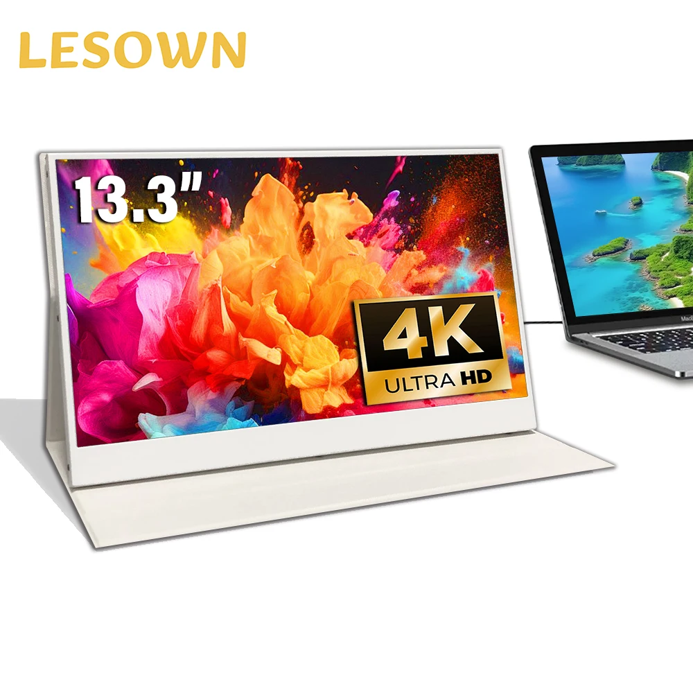 LESOWN 13.3 inch White Monitor 4K 3840x2160 IPS Widescreen Touch USB C HDMI VESA External Screen LCD Display for Laptop Computer