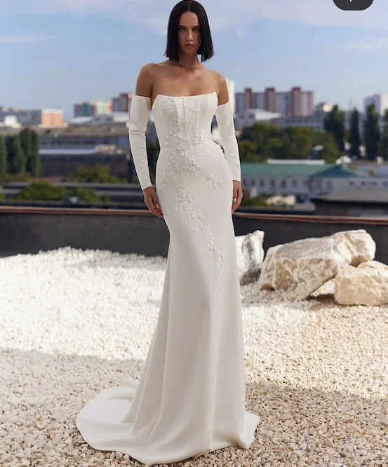 Customize To Measures Wedding Dress Mermaid Long Sleeve Satin With Lace Appliques Bridal Gowns For Women vestidos de novia Civil