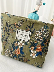 Olive Green Zipper Closure Cosmetic Bag With Flower Print Vintage Pattern Corduroy Makeup Bag Multifunctional Portable Pouch