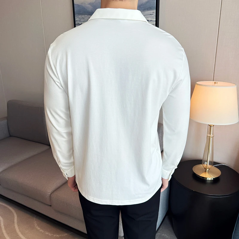 High Elasticity Men Polo Shirt 2024 New British Style Thin Lapel Collar Solid Casual Slim Fit Long Sleeves T-shirt Men Clothing
