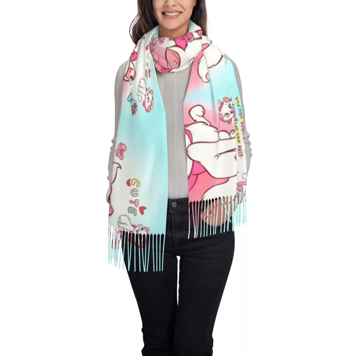 Women Scarf Outdoor Marie Cat Cartoon Head Scarves with Long Tassel y2k Cool Shawl Wrap Winter Graphic Bufanda Mujer