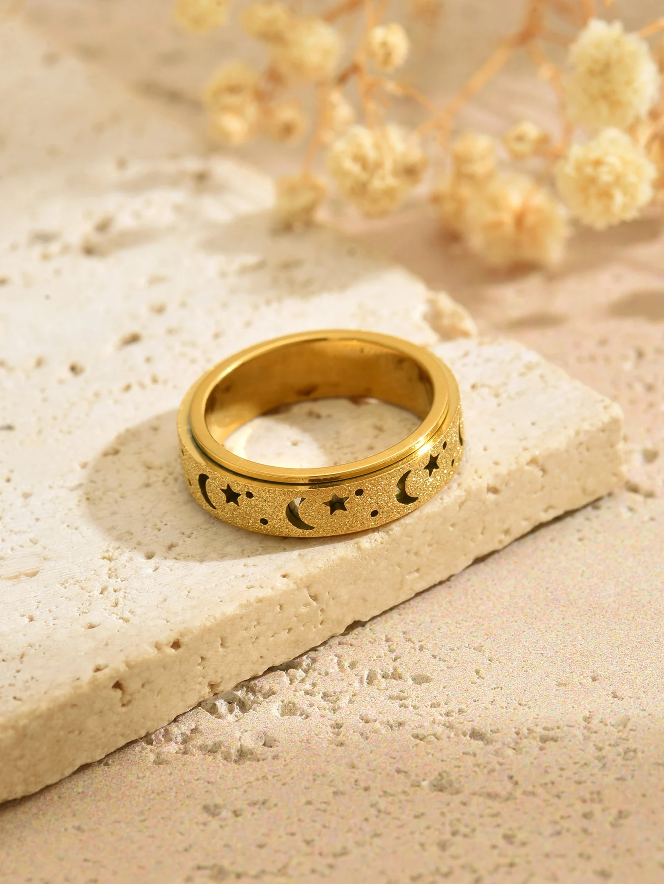 Lxalry Anello Spinner Moon and Star placcato oro 18 carati - Anello Fidget anti-ansia per uomo e donna, regolabile, impermeabile, ipoalle