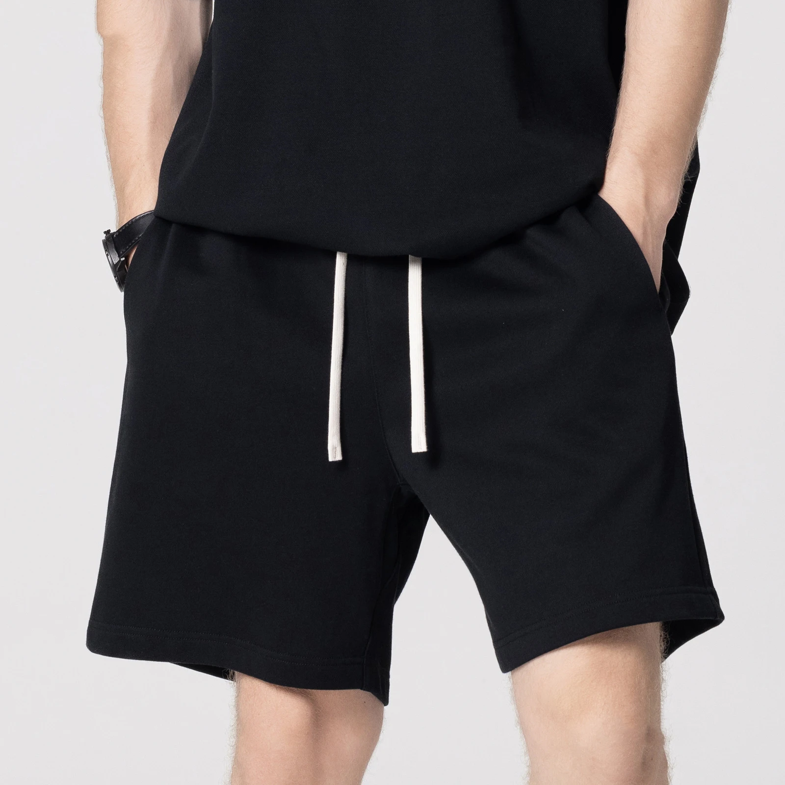 

340G Heavyweight Cotton Blended Solid Terry Shorts Summer Fashion Men's Elastic Waist Simple Basical Outdoor Sport Runing Trunks