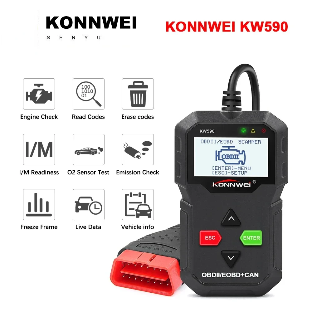 KONNWEI KW590 Автоматический диагностический сканер Автомобильный считыватель кодов с русским автомобильным сканером OBD 2, автоматические инструменты, поддержка нескольких брендов