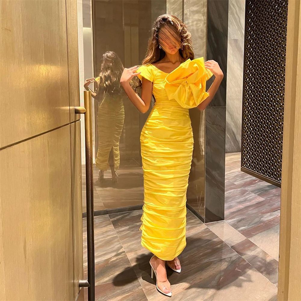 

Santorini Yellow Ankle Length Vestido Prom Dresses Handmade Flower Off Shoulder Evening Party Dress Back Slit Ruched Formal Gown