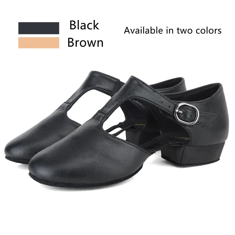 Zapatos de baile de Jazz de cuero genuino para mujeres y niñas, zapatos de baile lírico de Ballet con correa en T, sandalias de baile para