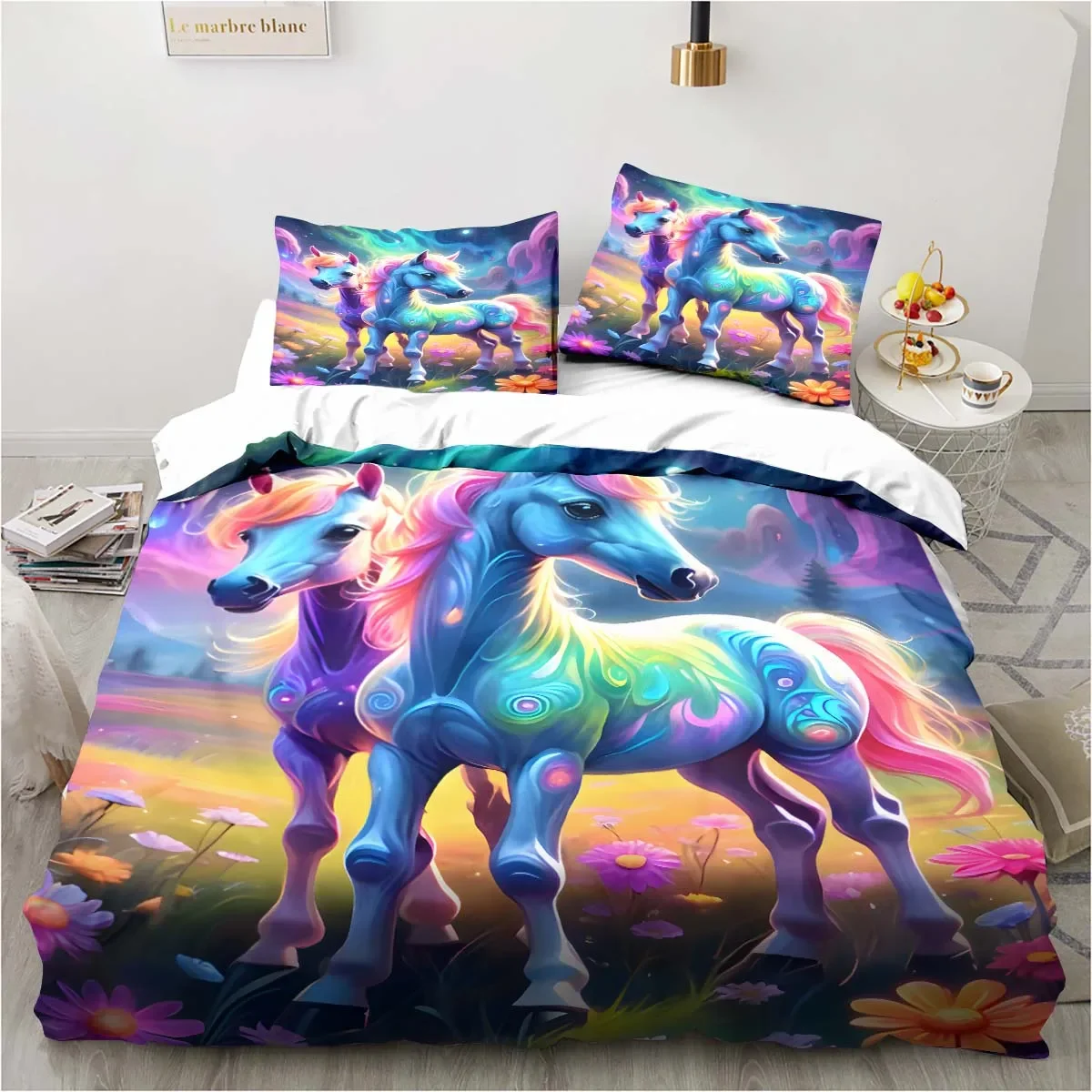 Animal horse printing set pillowcase duvet cover unicorn pattern bedroom bedding child room bed cover set luxury birthday gift