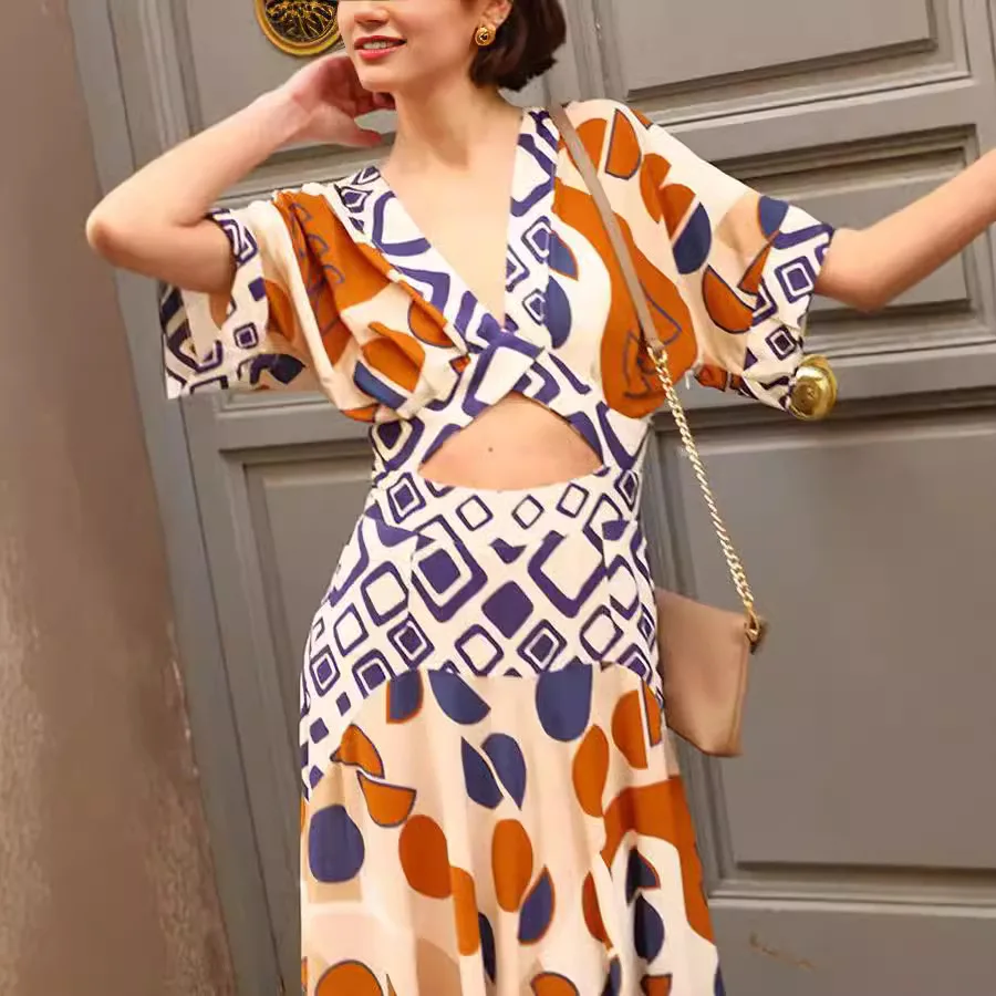 Women's V-neck Waist-cinching Printed Clothes Fake Two-piece Patchwork Fashion 8067 Birthday Dress Robe Maxi Outfits Midi