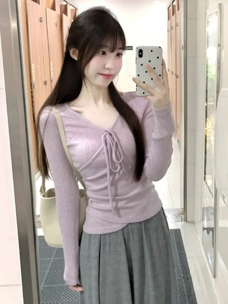 

plus Size Sweet V-Neck Long Sleeve T-Shirt Women's 2026 New Autumn Purple Base Shirt Slimming Fitting Top Korean Style