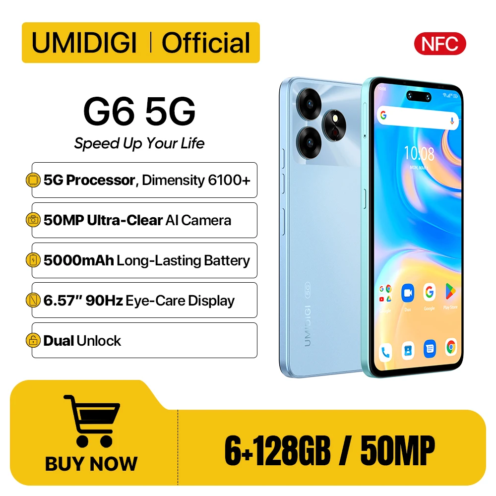 UMIDIGI 울트라 클리어 듀얼 아이 케어 카메라, G6 5G, 안드로이드 13, 디멘션 6100 + NFC 50MP, 6 + 6GB, 128GB, 6.57 인치, 90Hz 대형 