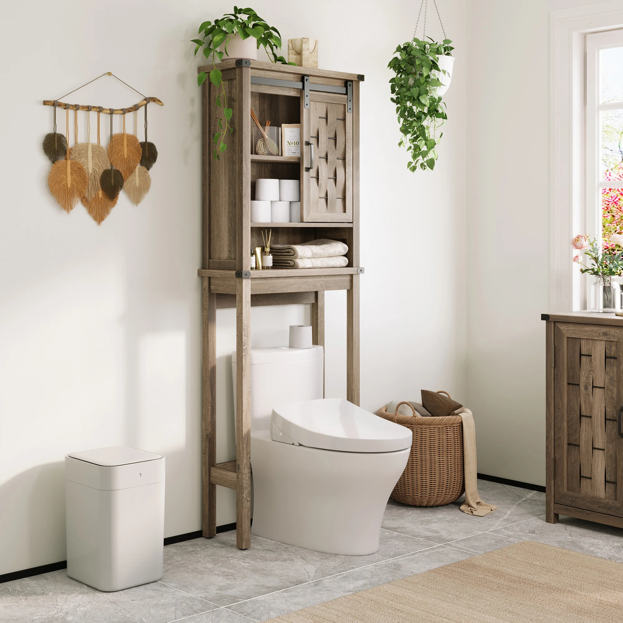 LINSY HOME Over The Toilet Storage Cabinet, Farmhouse Bathroom Storage Cabinet Over Toilet with Sliding Barn Door and Adjustable