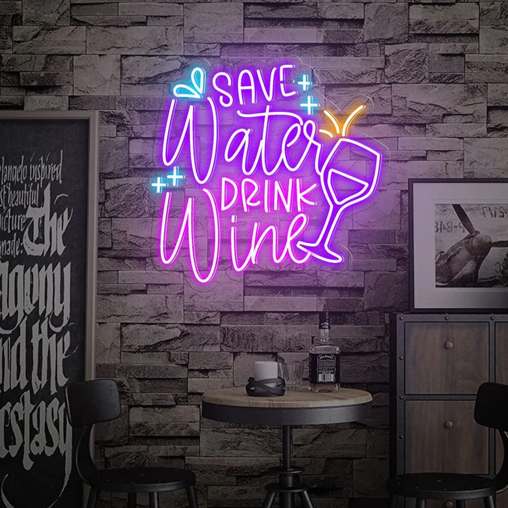 Save Water Drink Wine Neon Sign Personalized Custom Wine Drinking Bar Wall Hanging Neon Signs Handmade Wine LED Night Light