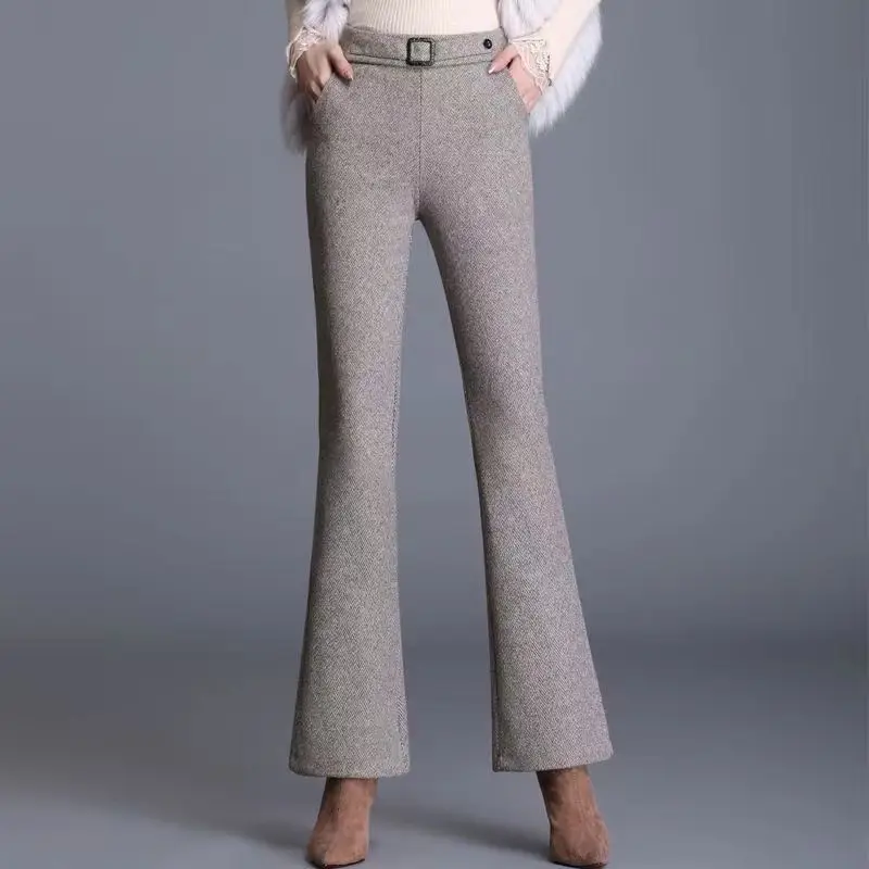 

2023 Temperament New High Waist Straight Ladies Patchwork Pocket Wide Leg Pants Autumn Winter Thin Solid Color Women's Clothing