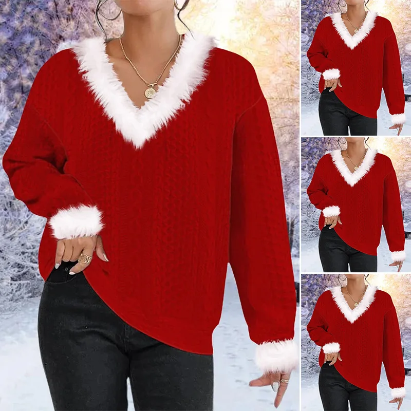 

V Neck Knitted Jumpers Women Sweaters Christmas Pullovers Long Sleeve Patchwork Spliced Slight Strech Casual 2025 Autumn