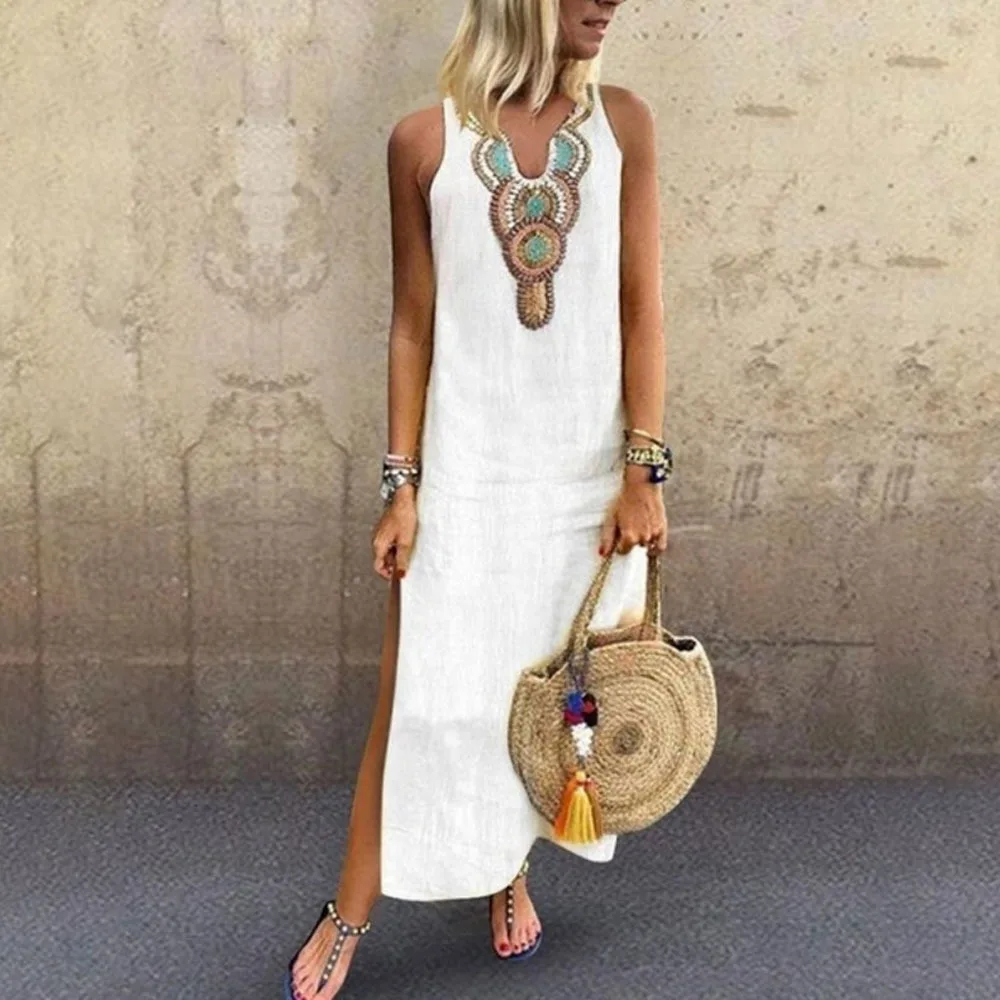 

New loose cotton linen Bohemia sexy sleeveless V-neck print dress women