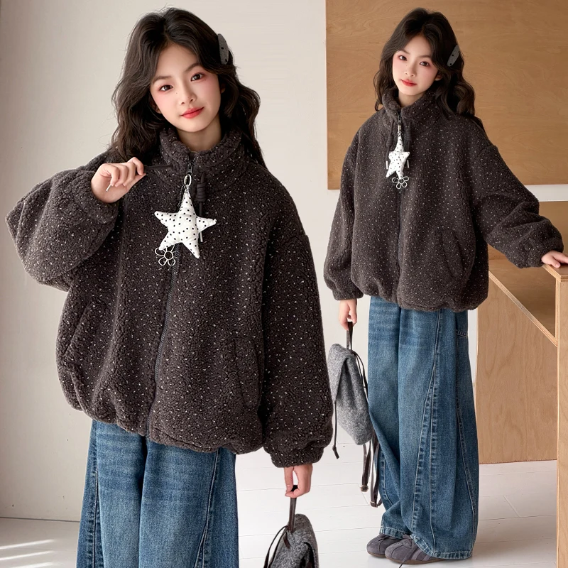 Girls Coat Winter New Children Clothing Teenagers Kids Fashion Thicken Polka Dots Zipper Outwear Plus Velvet