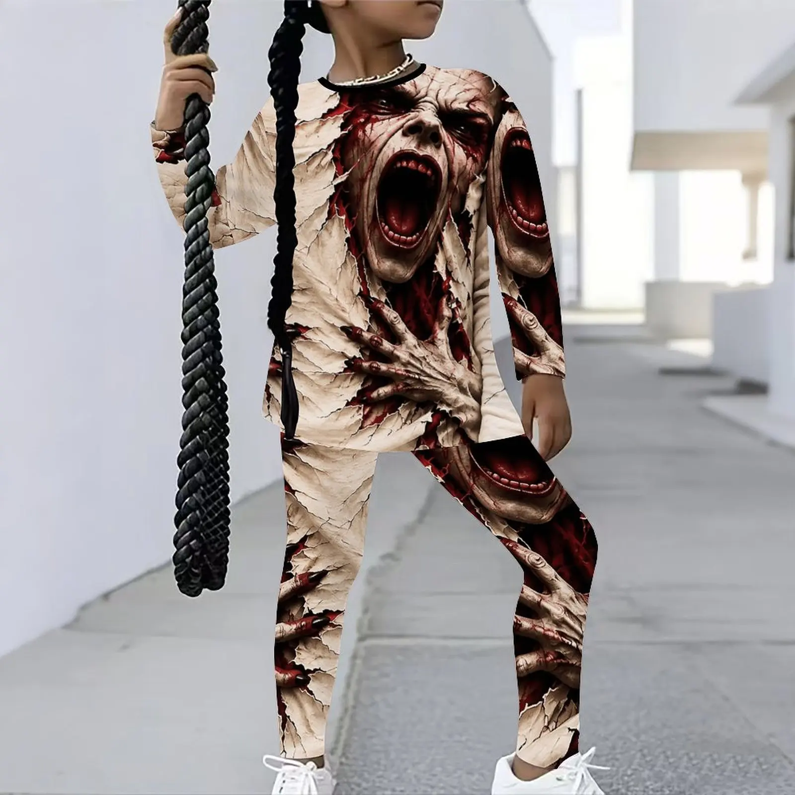 Winter Jogging Pants Girls Print Long Sleeve Round Neck Top Cute Two-Piece Daily Casual T-shirt Autumn Leggings