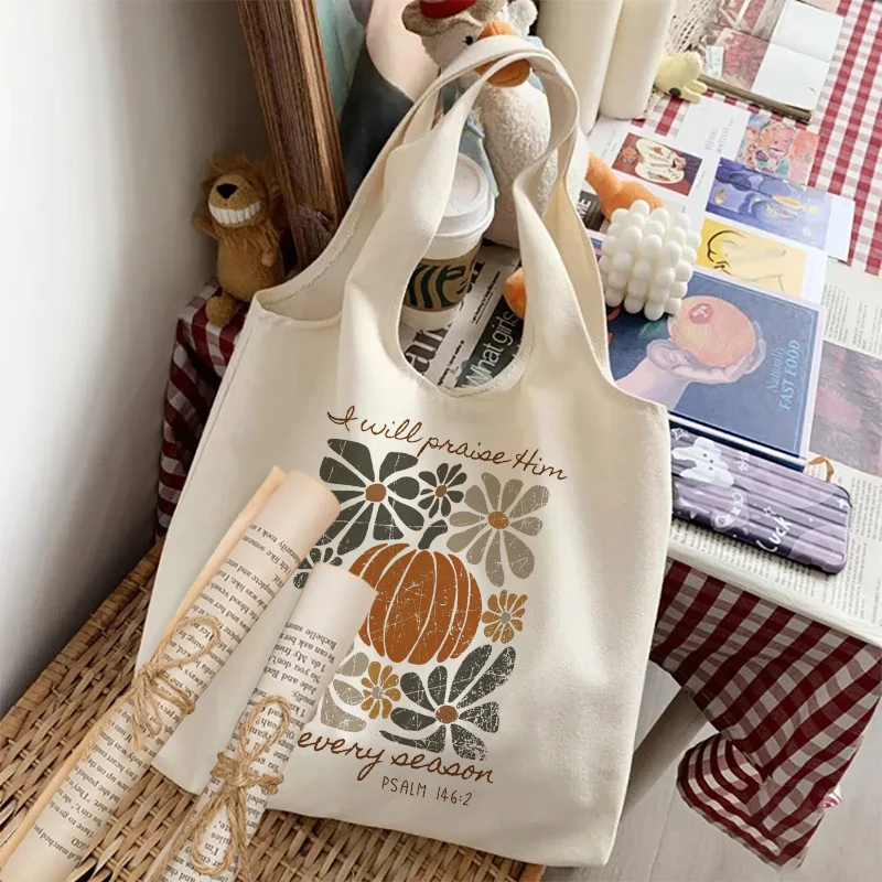 Autumn Pumpkin Canvas Tote Bag, Christian Quote Print, Fall Season Gift Shoulder Bag