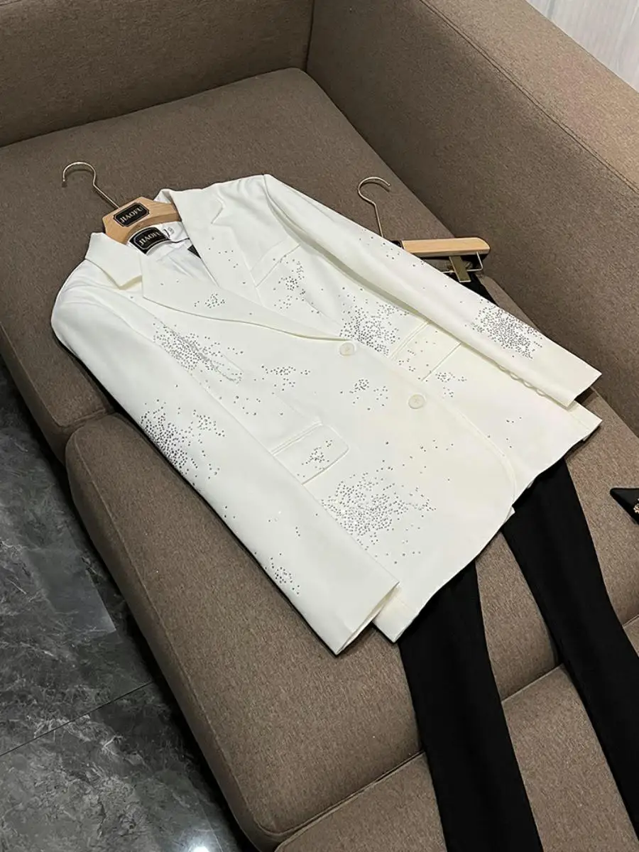 

iny Rhinestone Irregular Design Heavy Work Thin Wide Sle Long Coat New Korean Version Big Size Suit Women's Commute Wind