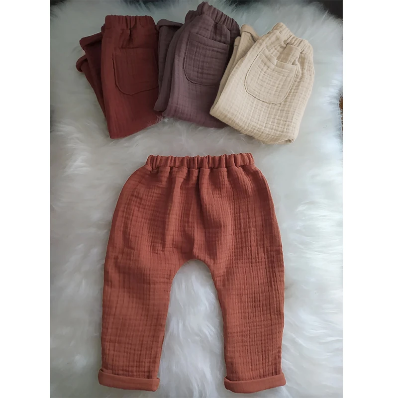 100% Cotton Muslin Baby Harem Pants Summer New Boys And Girls Casual Elastic Waist Pocket Trousers Seasonal-Kids Pants TZ432