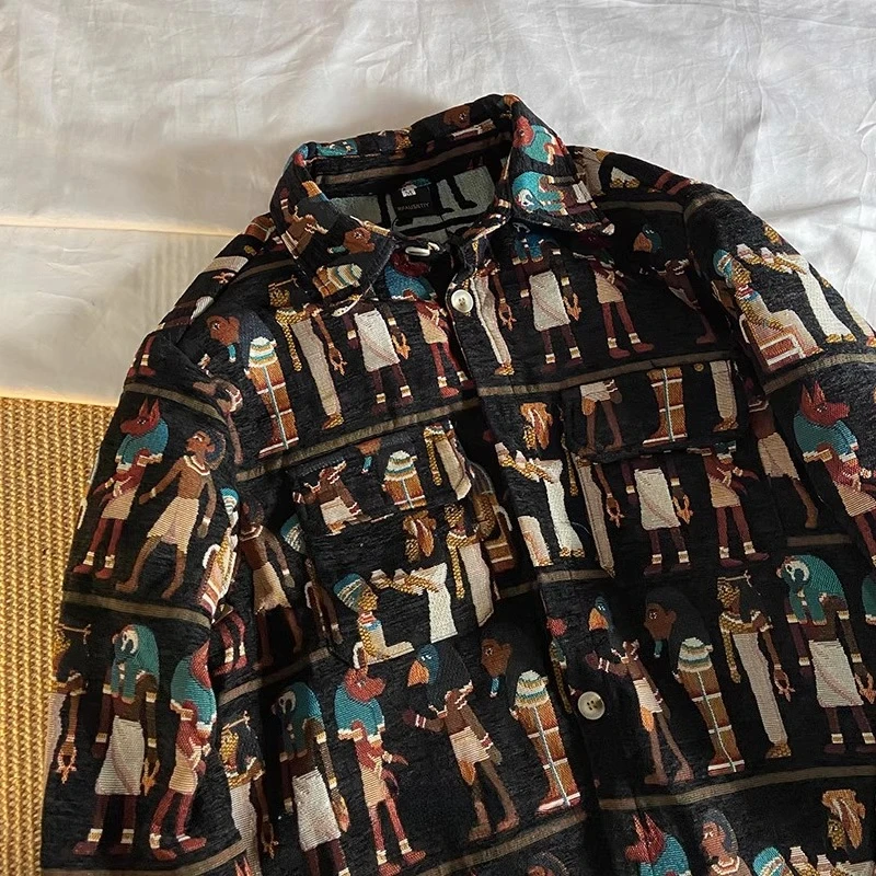2025 Spring and Autumn New Embroidered Black Shirt Japanese Retro Style Men's Apricot Turn-down Collar Long Sleeve Loose Shirt