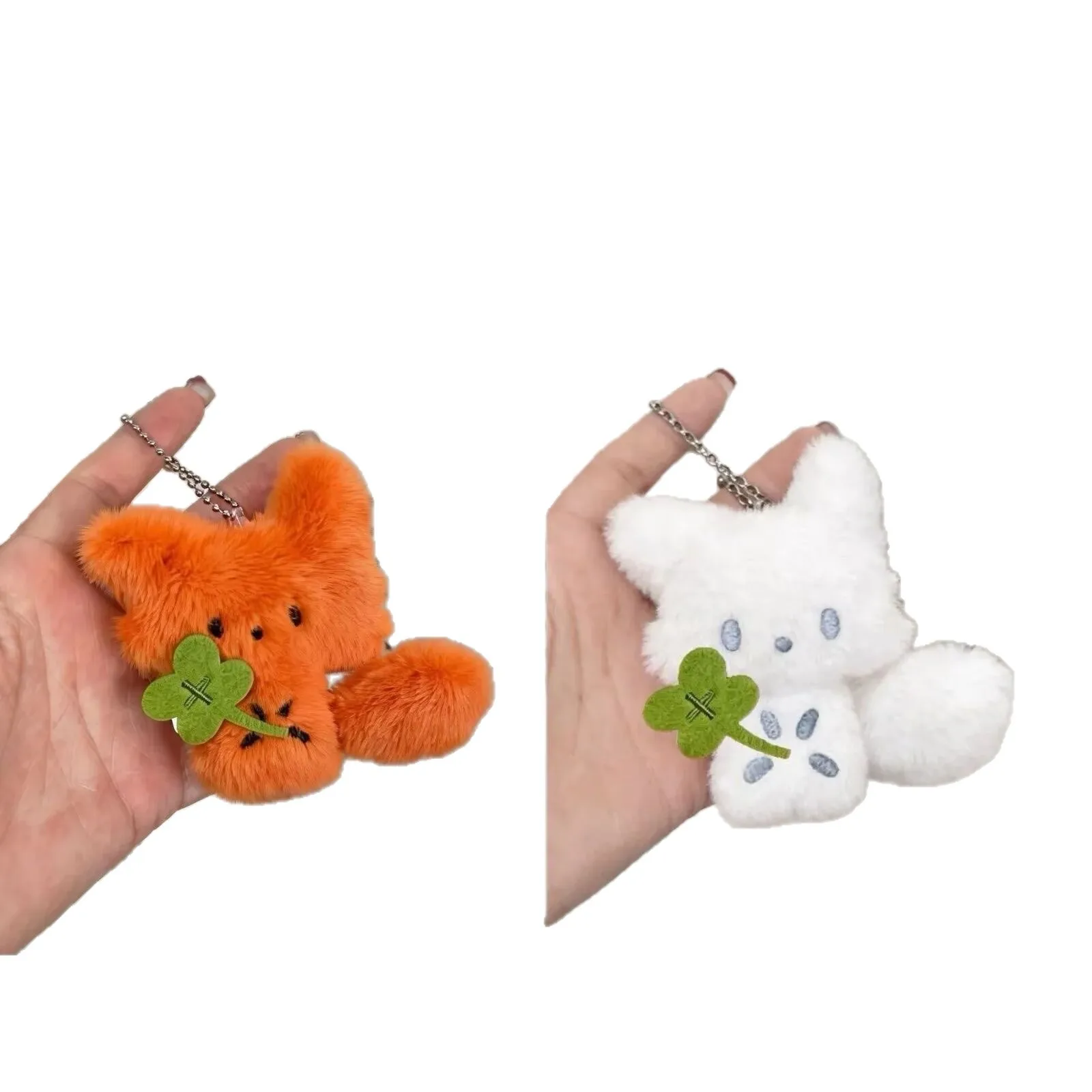 New Cute Fox Pendant with Keychain White Plush clover Pattern Super Cute Used for Bags Couple Gifts Backpack Decoration
