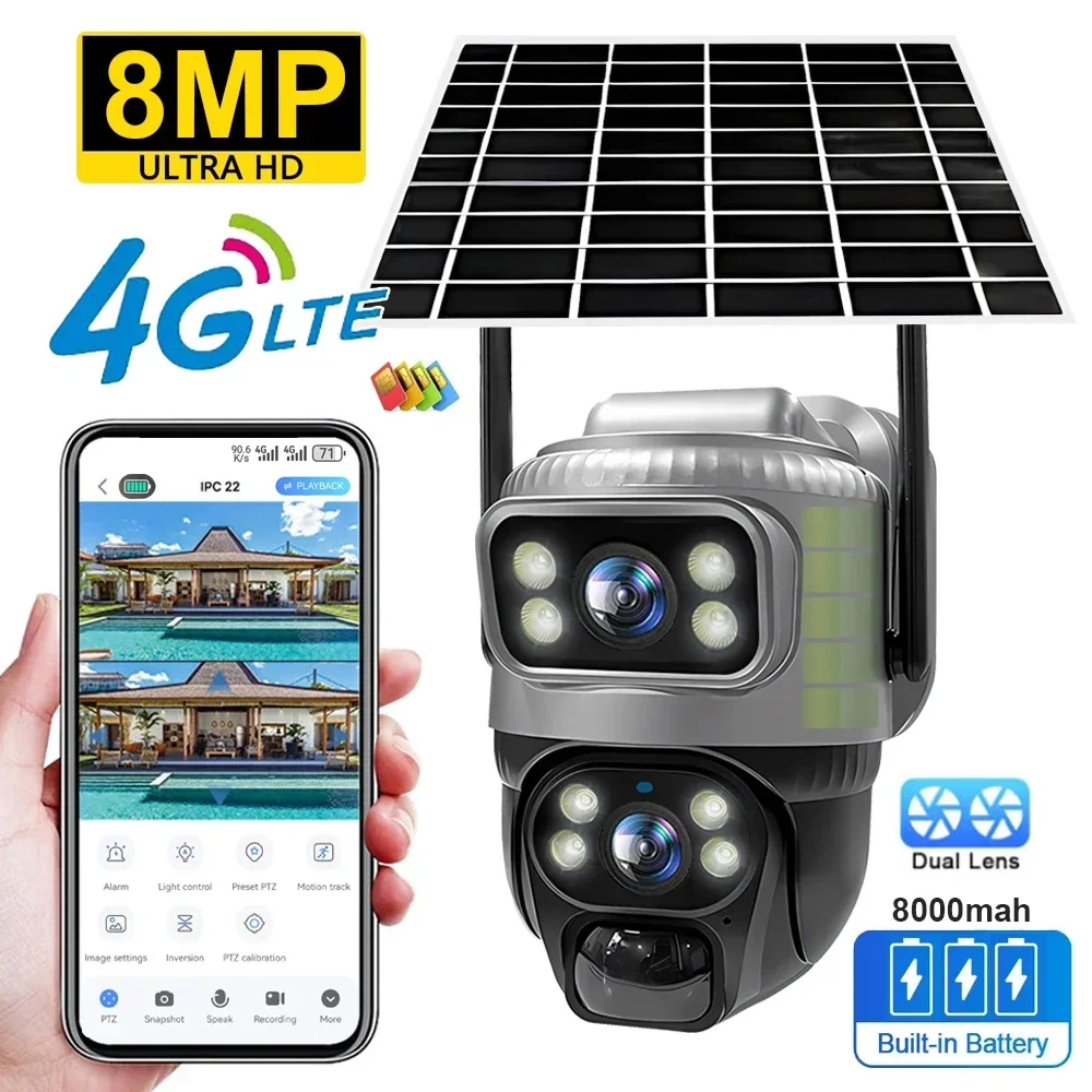 4G Solar Powered PTZ IP Camera with Dual Lens 8MP 4K Night Vision Waterproof CCTV Security Video Human Detection Battery Operate