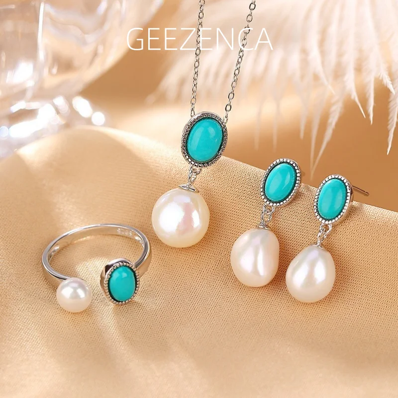 

GEEZENCA Natural Baroque Pearl Turquoise 925 Sterling Silver Jewelry Set With Earring Pendant Ring For Women Simple Trendy Gift