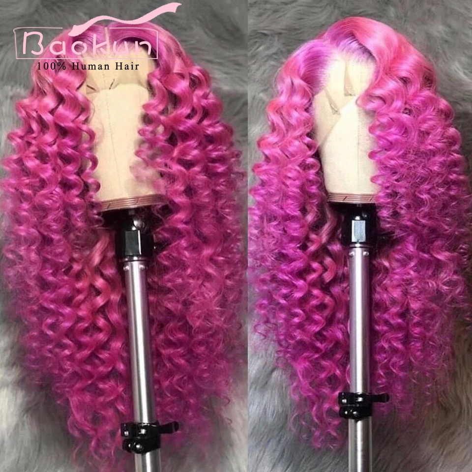 13x4 Hot Pink Curly Human Hair Wig Pre Plucked 13x6 HD Lace Frontal Wig Brazilian Virgin Deep Wave Lace Front Human Hair Wigs