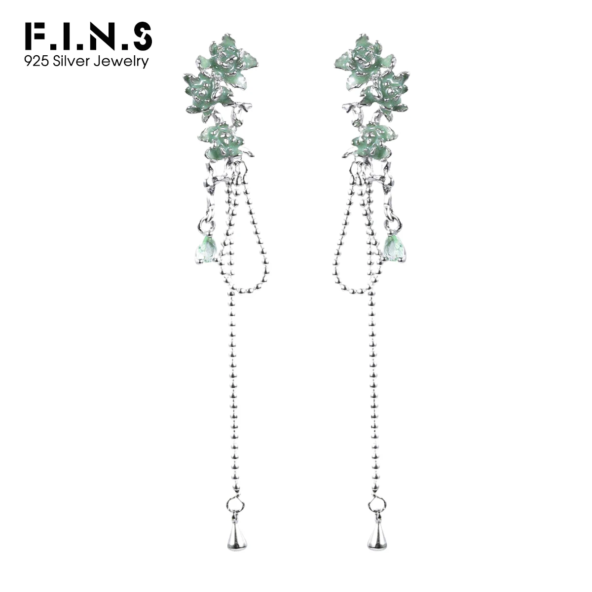 

F.I.N.S Temperament Jasmine Bead Tassel S925 Sterling Silver Stud Earrings Green Enameled Flower Dangling Pierced Ear Fine Jewel