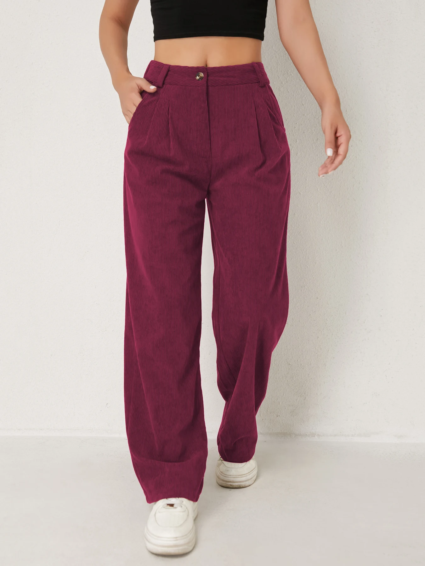 Neue Herbst- und Winter-Freizeitanzüge für Damen in Unifarben aus Cord mit weitem Bein und geraden, samtartigen Hosen, die schlank aussehen – Detail 23