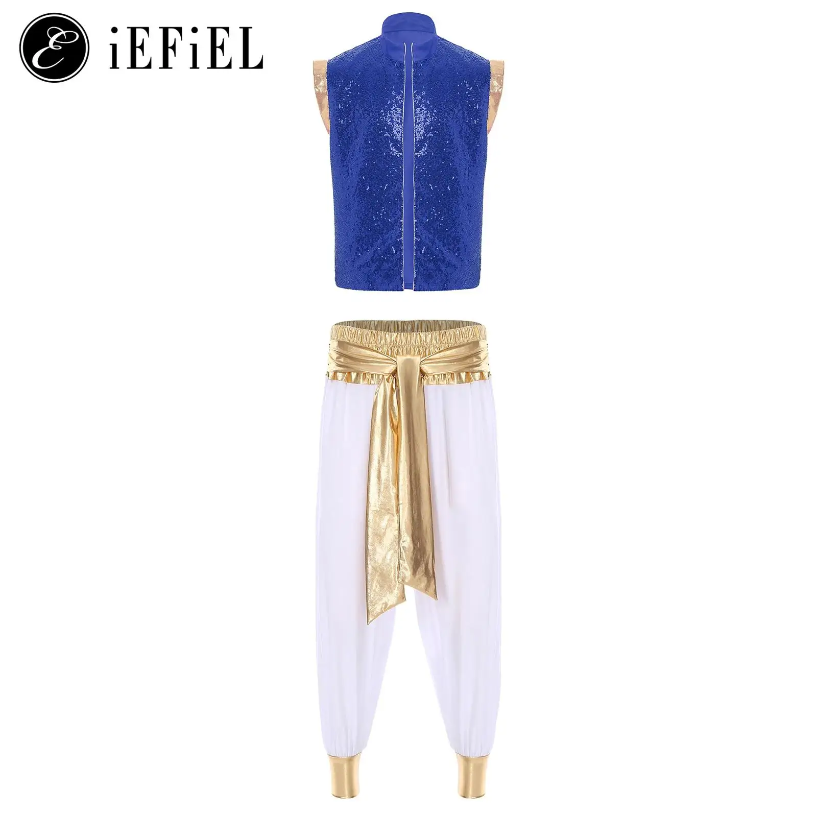 

Adult Arabian Prince Street Dance Costume Sequins Waistcoat with Harem Dance Pants Halloween Cosplay Party Dress-up