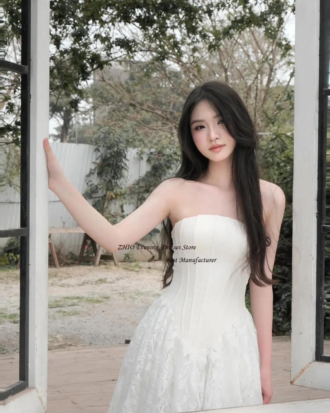 ZHIO Ivory Elegant Chiffon with Embroidery Strapless Wedding Dress Photoshoot Sleeveless Floor Length Pleated Formal Bride Gowns