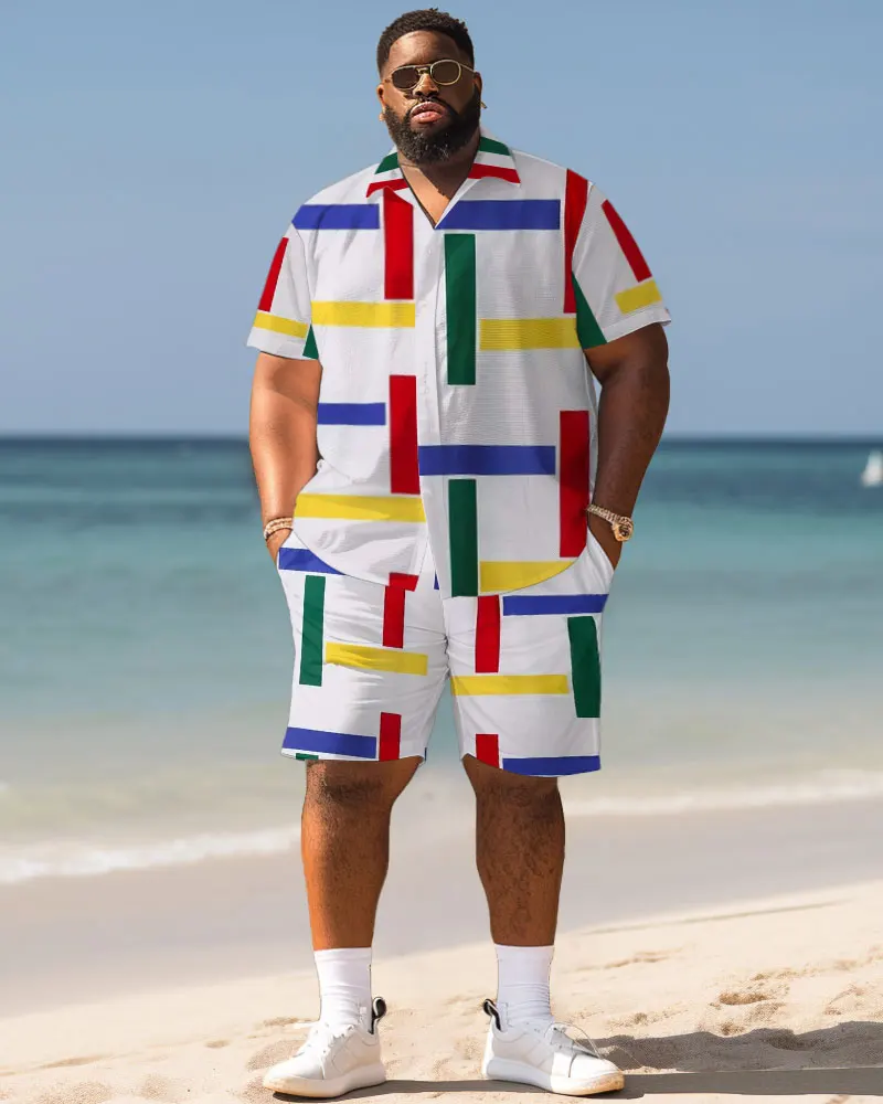 Biggmans Shirt Plus Size Set L-9Xl for Summer Beach Clothing Oversize Hawaii Suit Hawaiian Colorful Block Print Shorts 7XL 8XL