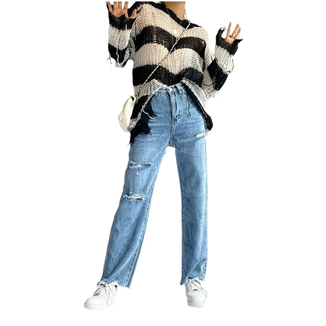 

Fashion Ripped Jeans Women's Korean Style Straight Pants Ins