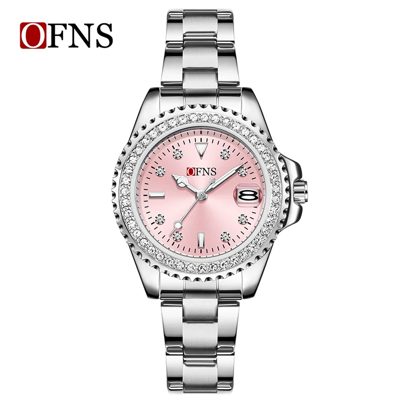 OFNS1563 Women's Quartz Watch Simple Diamond Inlaid Waterproof Luminous Calendar Three Needle Business Fashion Women's Watch